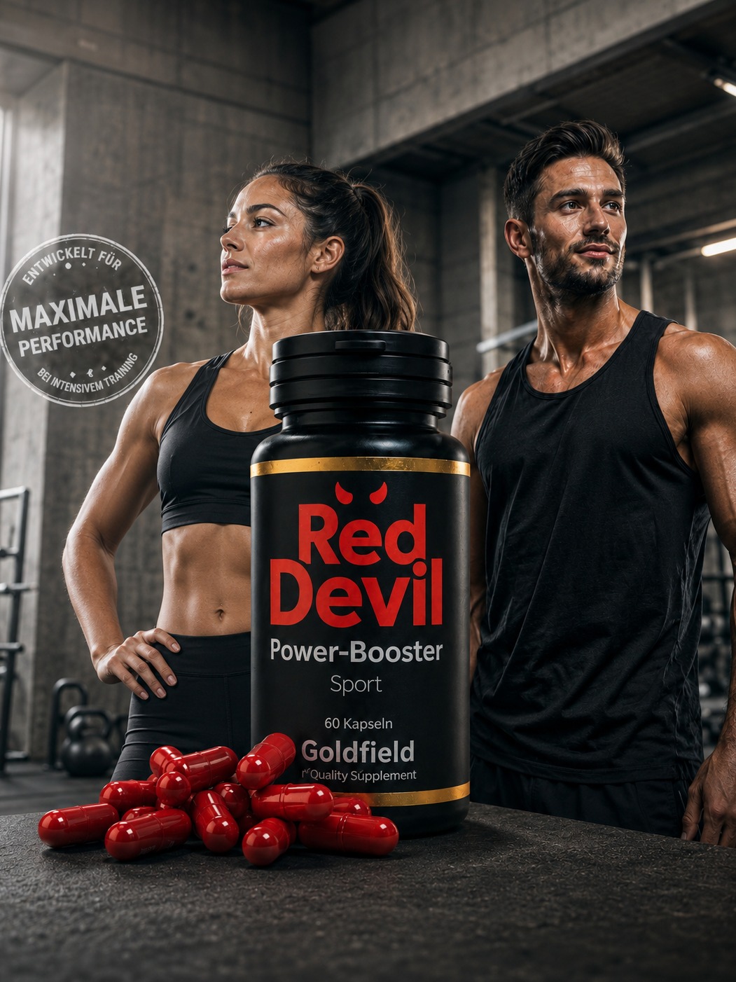 Red Devil Power-Booster Sport Dose mit 60 roten Kapseln vor Athleten im Fitnessstudio