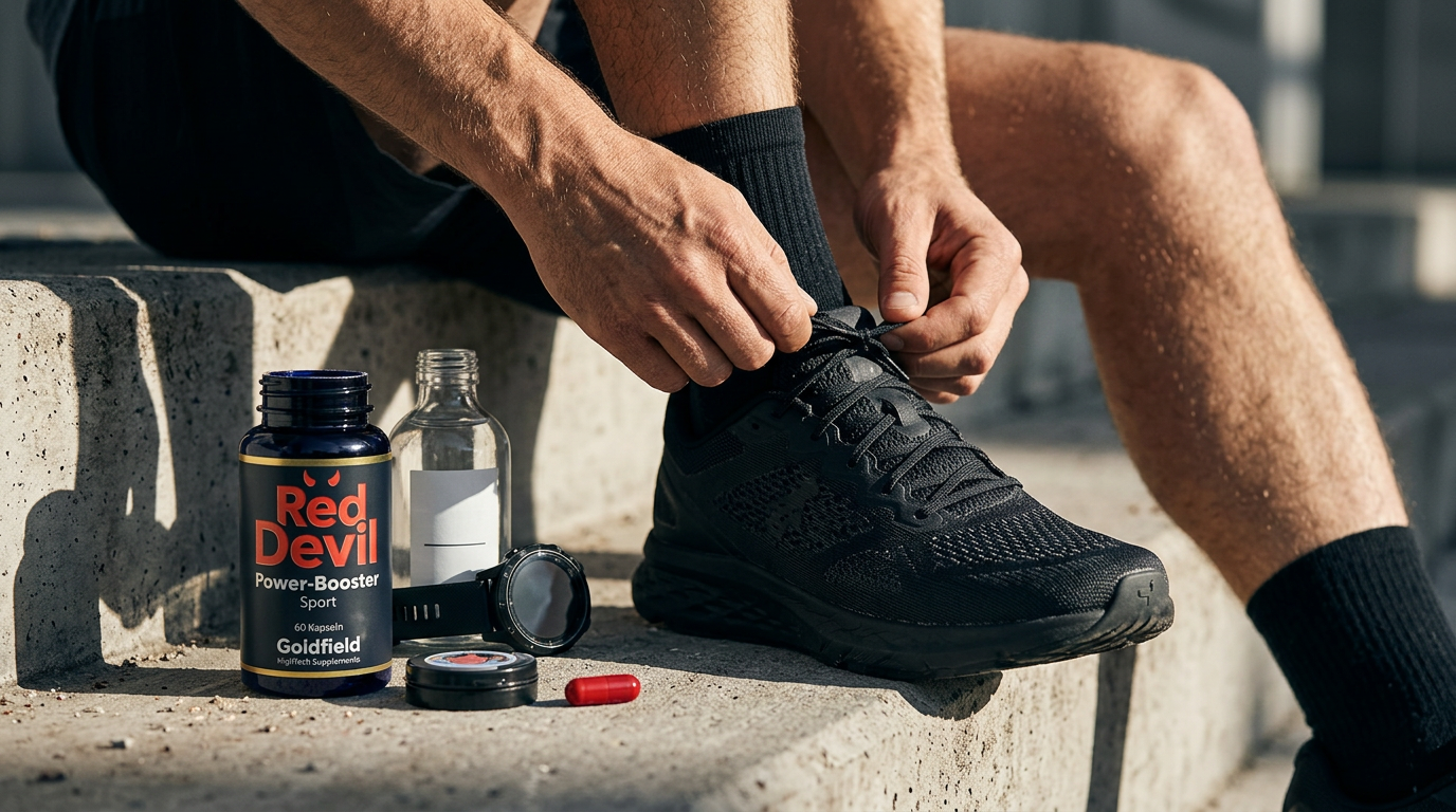 Läufer bindet Schuhe, daneben Red Devil Power-Booster