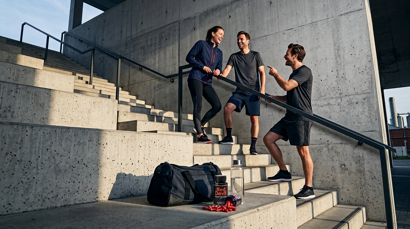 Gruppe von Sportlern auf einer Betontreppe nach dem Training